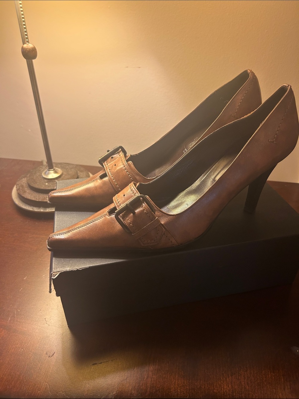 Classic Brown Pointed-Toe Buckle Pumps - Women